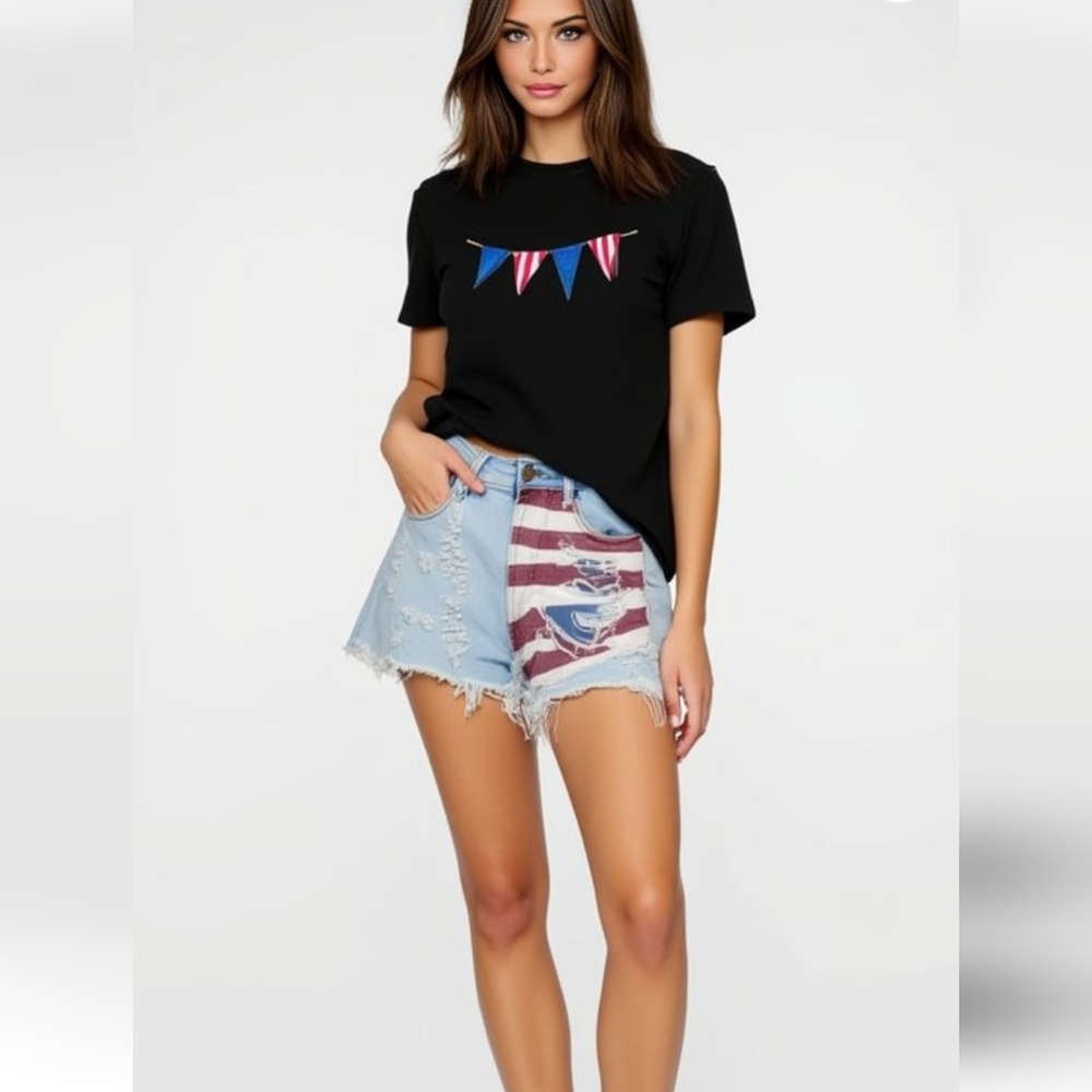 Machine Two-Tone Distressed Denim Shorts with Flag Panel